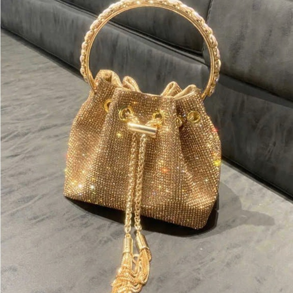 Gold Crystal Drawstring Bucket Bag - Women Bags crystals bronze purse tote